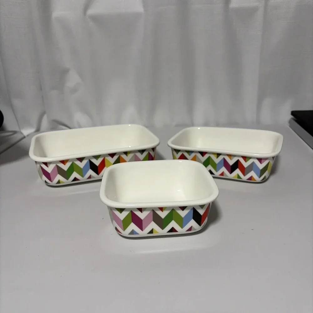 French Bull Rainbow Geometrical Ceramic Rectangular 3 Bowl Set